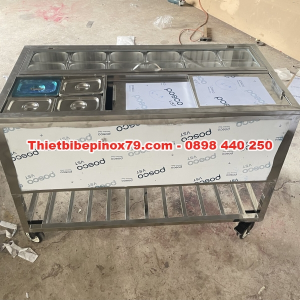THÙNG ĐÁ INOX CÓ CHÂN BÁNH XE KÈM KỆ SONG DƯỚI