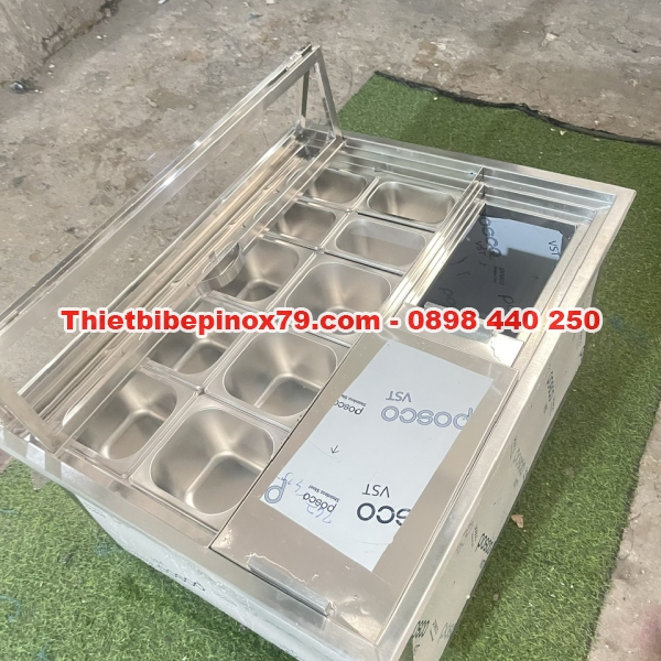 THÙNG ĐÁ INOX 304 ÂM QUẦY CÓ 6 KHAY TOPPING 1/4  VÀ 4 KHAY 1/9