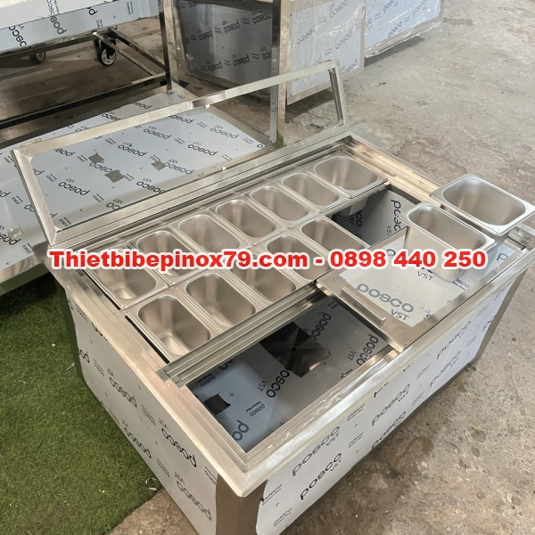 THÙNG ĐÁ INOX CÓ CHÂN BÁNH XE KÈM KỆ SONG DƯỚI 