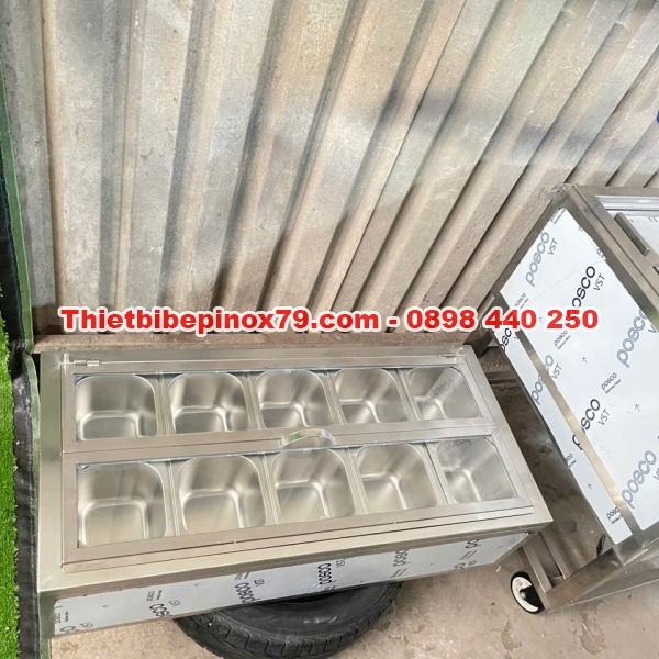 THÙNG ĐÁ INOX 304 GIỮ LẠNH 10 KHAY TOPPING ĐẶT TRÊN MẶT BÀN