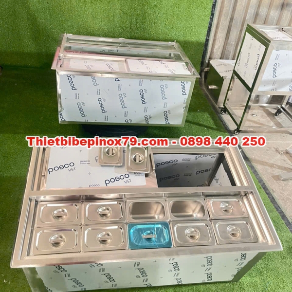 THÙNG ĐÁ INOX 304 ÂM QUẦY 10 KHAY TOPPING 1 LÍT