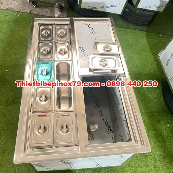 THÙNG ĐÁ INOX 304 ÂM QUẦY 10 KHAY TOPPING 1 LÍT