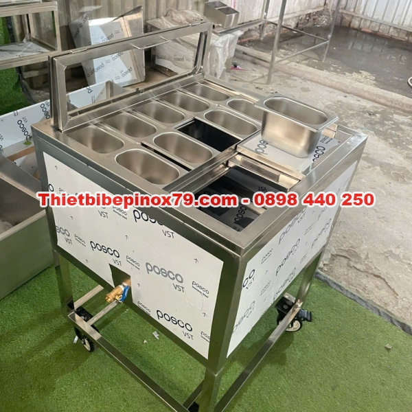 THÙNG ĐÁ INOX 304 CÓ BÁNH XE KÈM 10 KHAY TOPPING 1/9