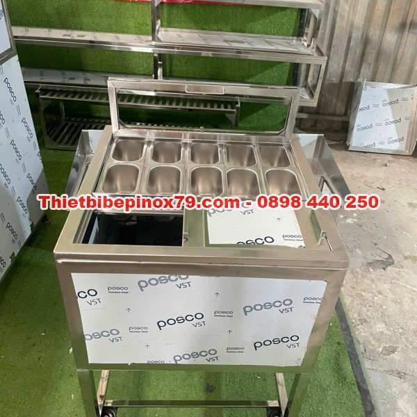 THÙNG ĐÁ INOX 304 CÓ BÁNH XE KÈM 10 KHAY TOPPING 1/9