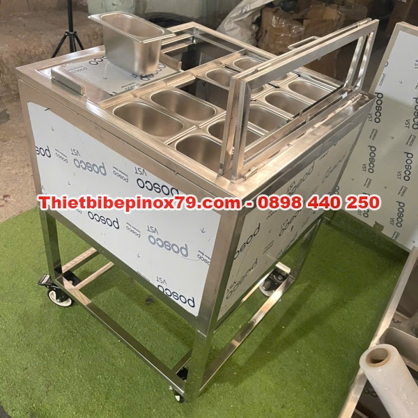 THÙNG ĐÁ INOX 304 CÓ BÁNH XE KÈM 10 KHAY TOPPING 1/9