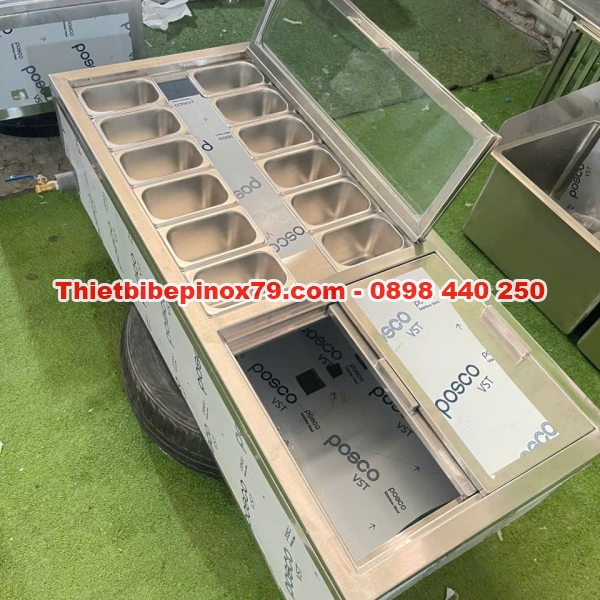 THÙNG ĐÁ INOX CÓ 12 KHAY TOPPING ĐẶT TRÊN MẶT BÀN