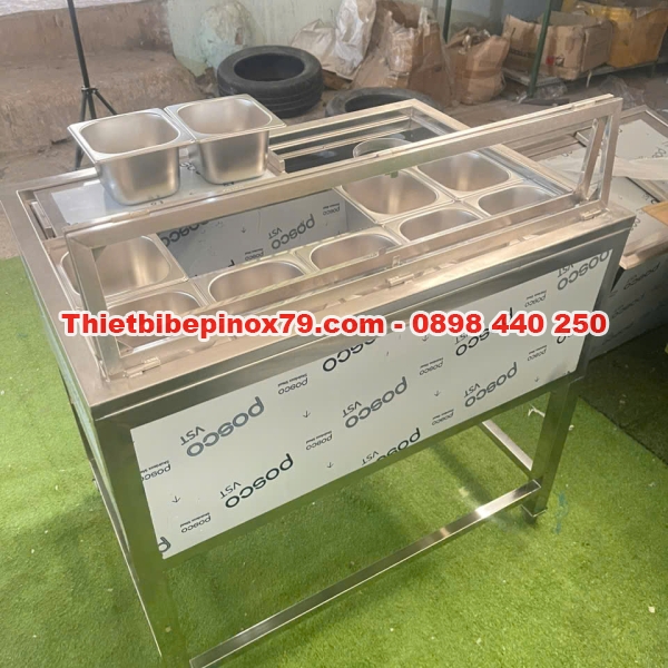 THÙNG ĐÁ INOX 304 CÓ CHÂN VÀ KHAY TOPPING ĐỰNG THẠCH
