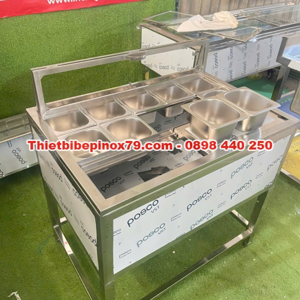 THÙNG ĐÁ INOX 304 CÓ CHÂN VÀ KHAY TOPPING ĐỰNG THẠCH