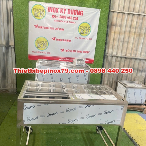 THÙNG ĐÁ INOX 304 CÓ CHÂN KÈM KHAY TOPPING
