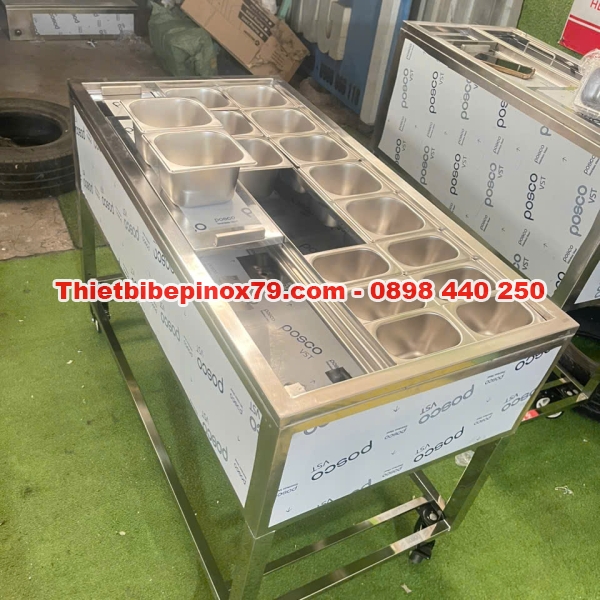 THÙNG ĐÁ INOX 304 CÓ CHÂN KÈM KHAY TOPPING