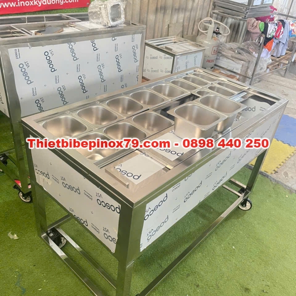 THÙNG ĐÁ INOX 304 CÓ CHÂN KÈM KHAY TOPPING