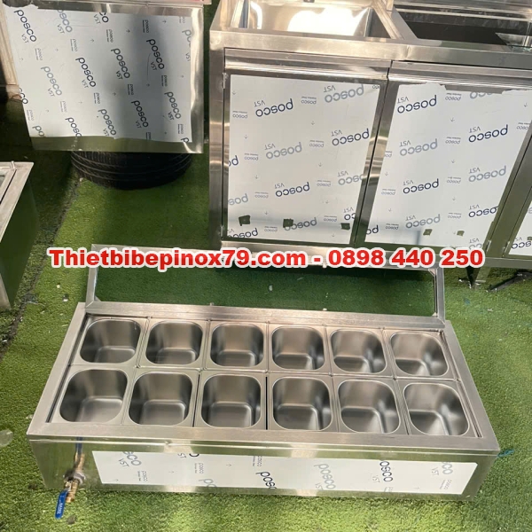 THÙNG ĐÁ INOX 3 LỚP KHÔNG BỊ TƯƠM NƯỚC GIỮ LẠNH 12 KHAY TOPPING ĐẶT TRÊN MẶT BÀN
