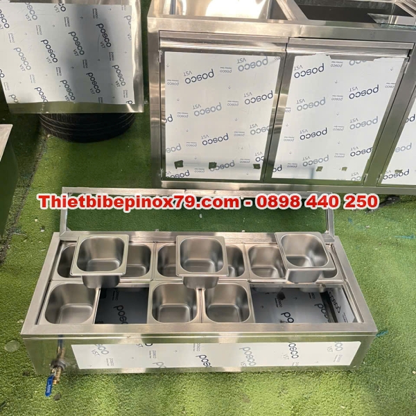 THÙNG ĐÁ INOX 3 LỚP KHÔNG BỊ TƯƠM NƯỚC GIỮ LẠNH 12 KHAY TOPPING ĐẶT TRÊN MẶT BÀN