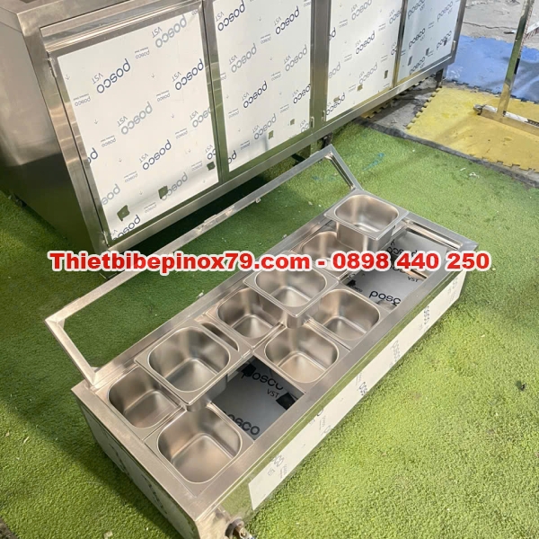 THÙNG ĐÁ INOX 3 LỚP KHÔNG BỊ TƯƠM NƯỚC GIỮ LẠNH 12 KHAY TOPPING ĐẶT TRÊN MẶT BÀN