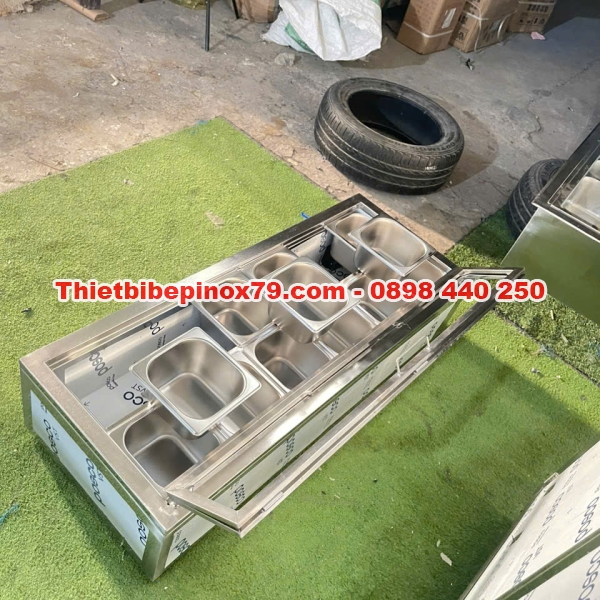 THÙNG ĐÁ INOX 3 LỚP KHÔNG BỊ TƯƠM NƯỚC GIỮ LẠNH 12 KHAY TOPPING ĐẶT TRÊN MẶT BÀN