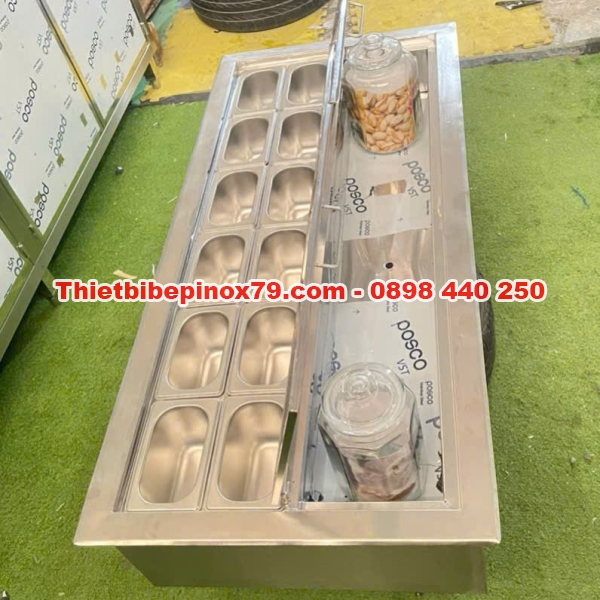 THÙNG ĐÁ INOX GIỮ LẠNH KHAY TOPPING VÀ HỦ TRÁI CÂY