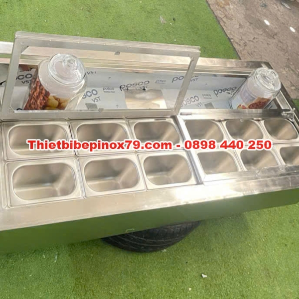 THÙNG ĐÁ INOX GIỮ LẠNH KHAY TOPPING VÀ HỦ TRÁI CÂY