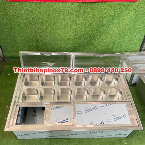 THÙNG ĐÁ INOX 304 ÂM QUẦY 12 KHAY TOPPING 1/6
