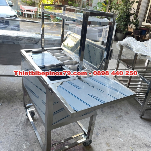 Thùng đá inox có chân bánh xe kèm kệ một tầng
