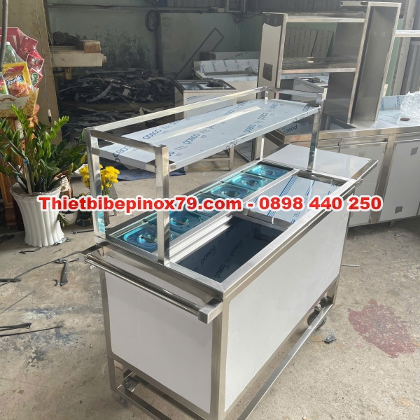 Thùng đá inox có chân bánh xe kèm khay topping