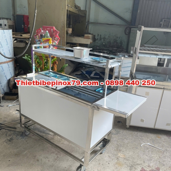 Thùng đá inox có chân bánh xe kèm khay topping