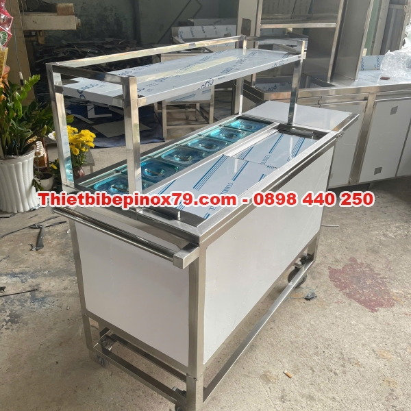Thùng đá inox có chân bánh xe kèm khay topping