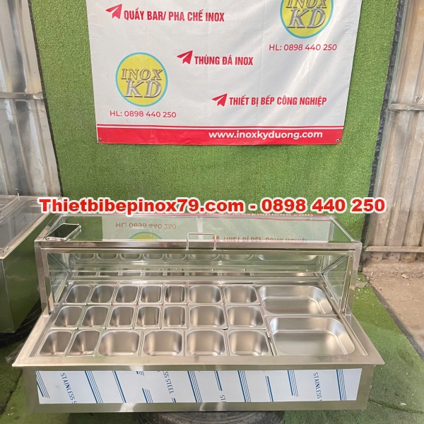 Thùng đá inox 304 ướp lạnh topping sử dụng nắp kính lật