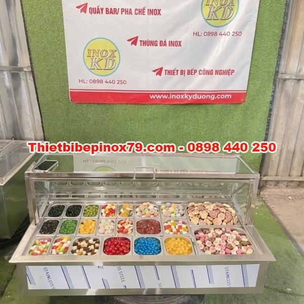 Thùng đá inox 304 ướp lạnh topping sử dụng nắp kính lật