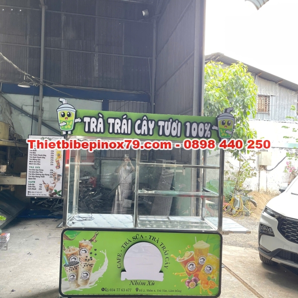 Xe trà sữa inox 304 có thùng đá và khay topping tiện lợi