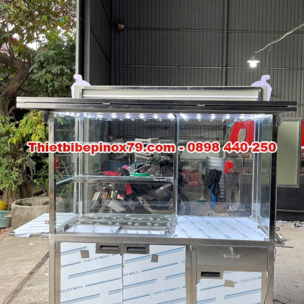 Xe trà sữa inox 304 có thùng đá và khay topping tiện lợi