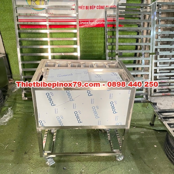 Thùng đá inox 304 có 6 khay topping kèm bánh xe di chuyển