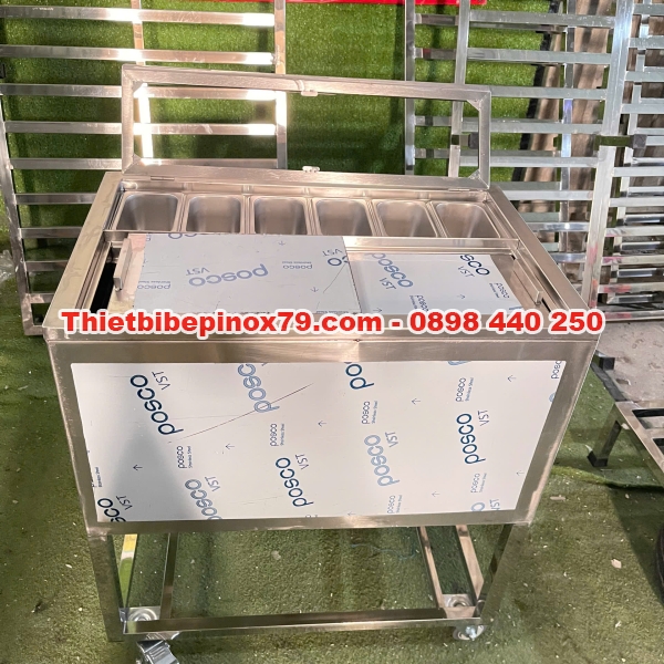Thùng đá inox 304 có 6 khay topping kèm bánh xe di chuyển