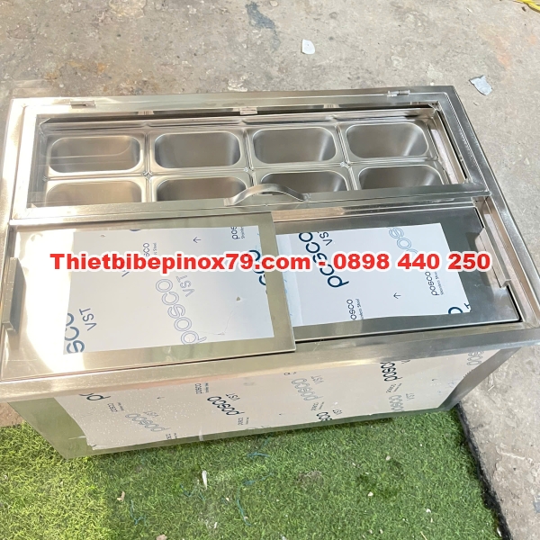 THÙNG ĐÁ INOX 304 CAO CẤP KÈM 8 KHAY TOPPING 1/9 GIÚP TRƯNG BÀY ĐA DẠNG, THU HÚT KHÁCH HÀNG