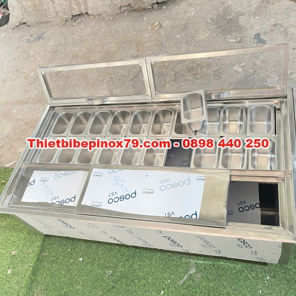 THÙNG ĐÁ INOX ÂM QUẦY 20 KHAY TOPPING 1/9 GIÚP TRƯNG BÀY ĐA DẠNG TOPPING THU HÚT MUA