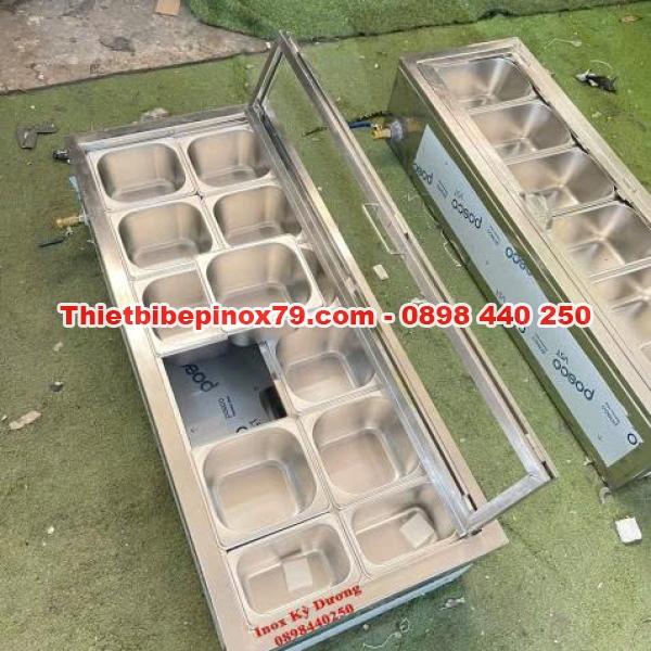 THÙNG ĐÁ INOX 304 TÍCH HỢP KHAY TOPPING CHUYÊN DỤNG – THIẾT KẾ HIỆN ĐẠI, GIA CÔNG TẠI XƯỞNG