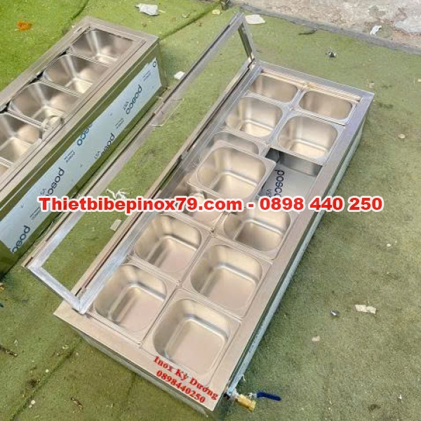 THÙNG ĐÁ INOX 304 TÍCH HỢP KHAY TOPPING CHUYÊN DỤNG – THIẾT KẾ HIỆN ĐẠI, GIA CÔNG TẠI XƯỞNG