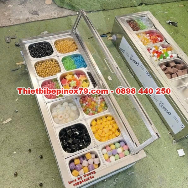 THÙNG ĐÁ INOX 304 TÍCH HỢP KHAY TOPPING CHUYÊN DỤNG – THIẾT KẾ HIỆN ĐẠI, GIA CÔNG TẠI XƯỞNG