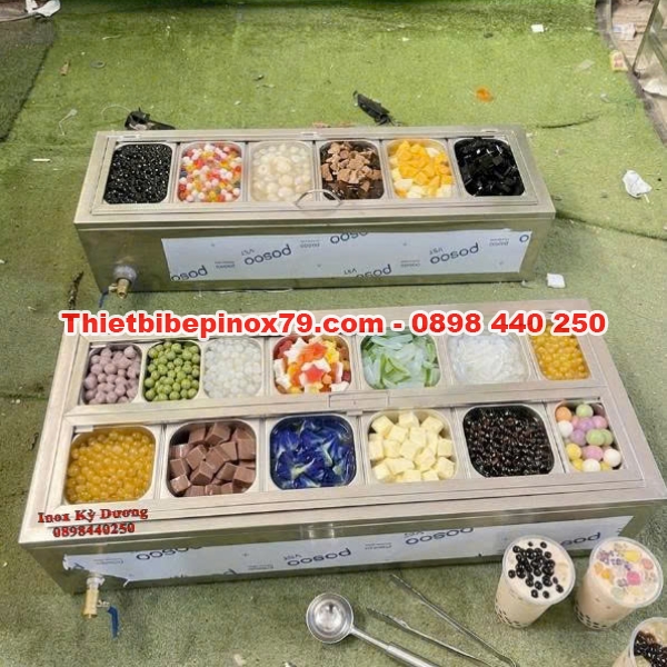 THÙNG ĐÁ INOX 304 TÍCH HỢP KHAY TOPPING CHUYÊN DỤNG – THIẾT KẾ HIỆN ĐẠI, GIA CÔNG TẠI XƯỞNG