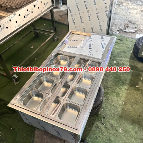 THÙNG ĐÁ INOX 304 ÂM BÀN 12 KHAY TOPPING 1/6 CHUYÊN DỤNG CHO QUÁN TRÀ SỮA