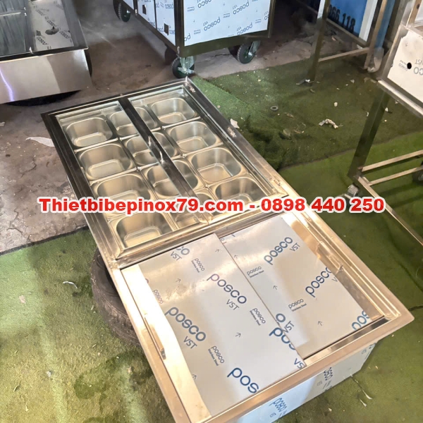 THÙNG ĐÁ INOX 304 ÂM BÀN 12 KHAY TOPPING 1/6 CHUYÊN DỤNG CHO QUÁN TRÀ SỮA