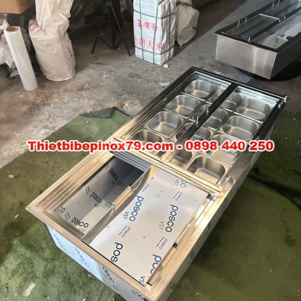 THÙNG ĐÁ INOX 304 ÂM BÀN 12 KHAY TOPPING 1/6 CHUYÊN DỤNG CHO QUÁN TRÀ SỮA