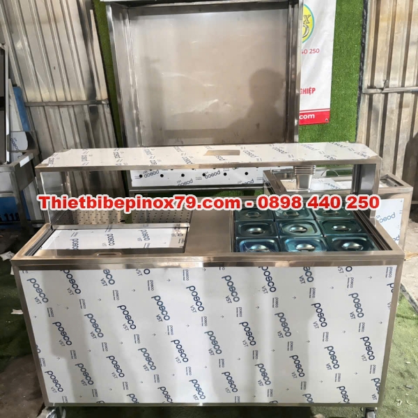 THÙNG ĐÁ INOX 304 CÓ CHÂN BÁNH XE KÈM KHAY TOPPING VÀ KỆ TRÊN TIỆN LỢI 
