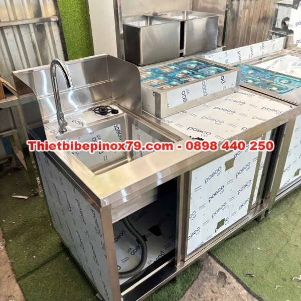 QUẦY PHA CHẾ INOX 304 CỬA LÙA TÍCH HỢP CHẬU RỬA VÀ THÙNG ĐÁ KHAY TOPPING