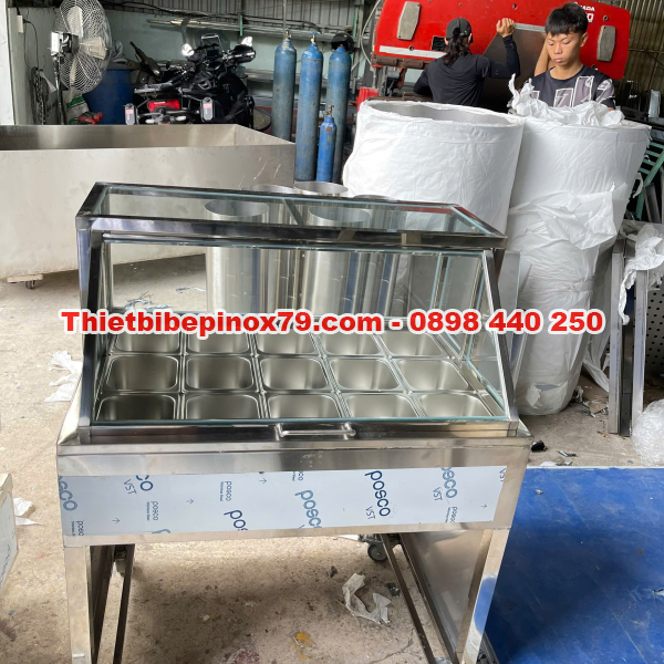 THÙNG ĐÁ INOX 304 KHAY TOPPING NẮP KÍNH LẬT TRƯNG BÀY ĐẸP MẮT, THẨM MỸ GIÁ XƯỞNG