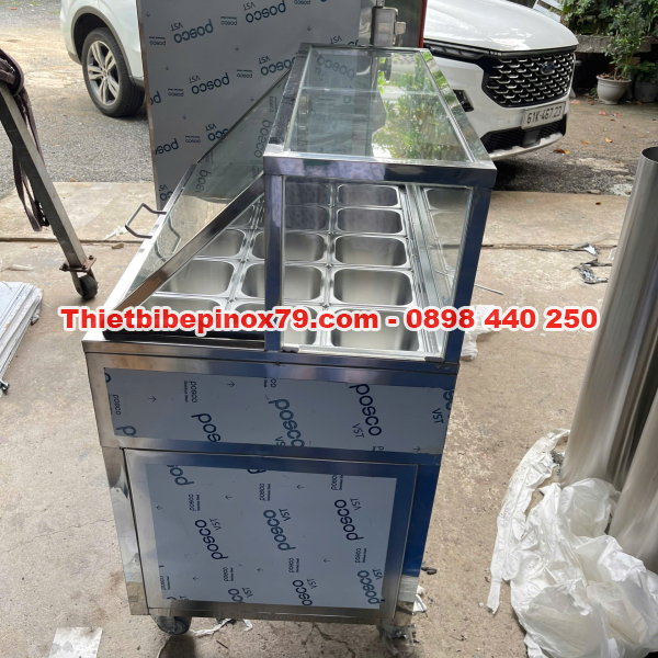 THÙNG ĐÁ INOX 304 KHAY TOPPING NẮP KÍNH LẬT TRƯNG BÀY ĐẸP MẮT, THẨM MỸ GIÁ XƯỞNG