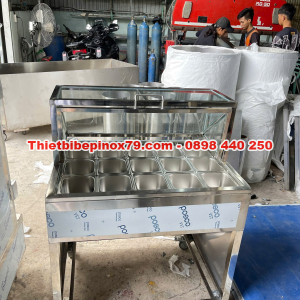 THÙNG ĐÁ INOX 304 KHAY TOPPING NẮP KÍNH LẬT TRƯNG BÀY ĐẸP MẮT, THẨM MỸ GIÁ XƯỞNG