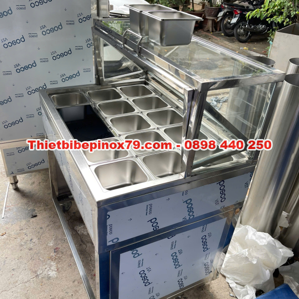 THÙNG ĐÁ INOX 304 KHAY TOPPING NẮP KÍNH LẬT TRƯNG BÀY ĐẸP MẮT, THẨM MỸ GIÁ XƯỞNG