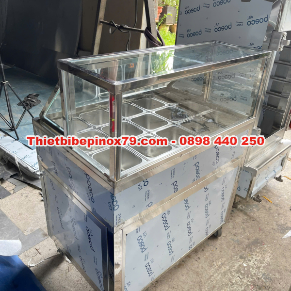THÙNG ĐÁ INOX 304 KHAY TOPPING NẮP KÍNH LẬT TRƯNG BÀY ĐẸP MẮT, THẨM MỸ GIÁ XƯỞNG