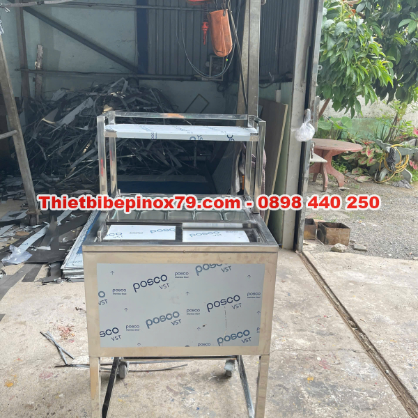 THÙNG ĐÁ INOX 304 TÍCH HỢP KHAY TOPPING CÓ CHÂN BÁNH XE, KỆ TRÊN