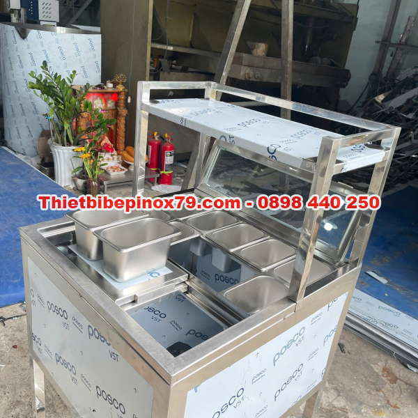 THÙNG ĐÁ INOX 304 TÍCH HỢP KHAY TOPPING CÓ CHÂN BÁNH XE, KỆ TRÊN